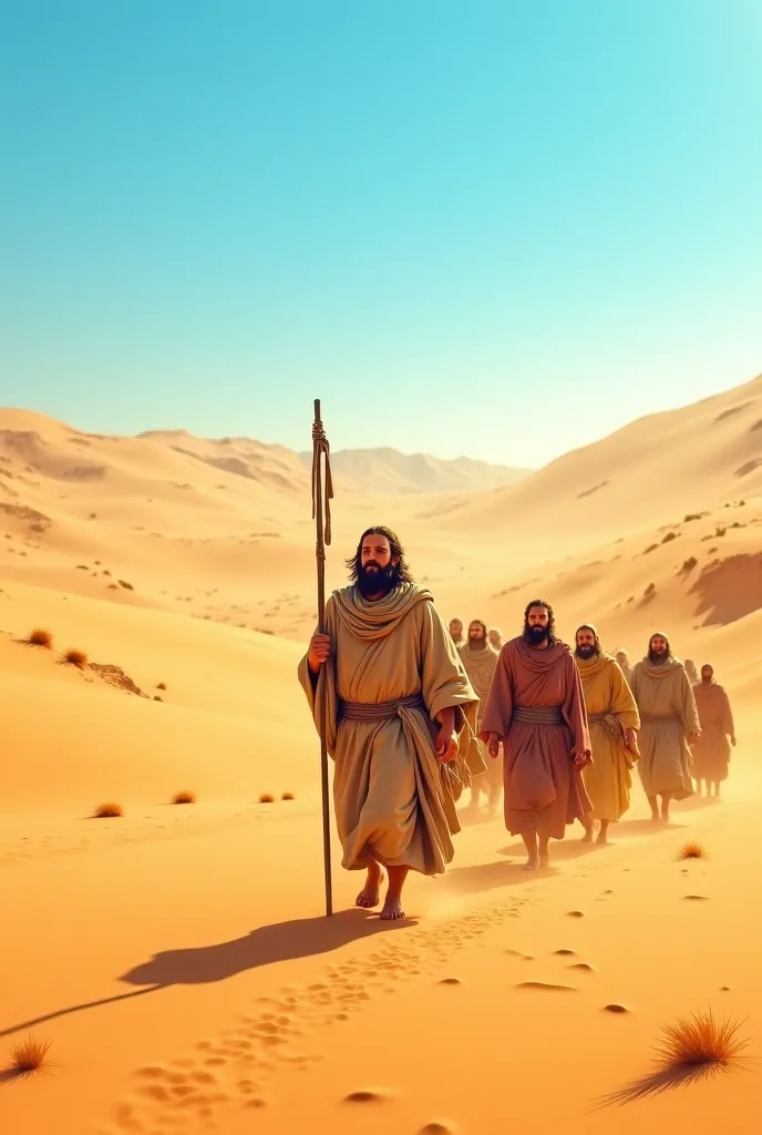 Make an image of people walking in the desert with Moses 