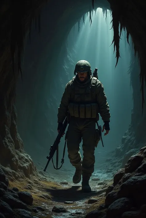 A soldier entering a cave