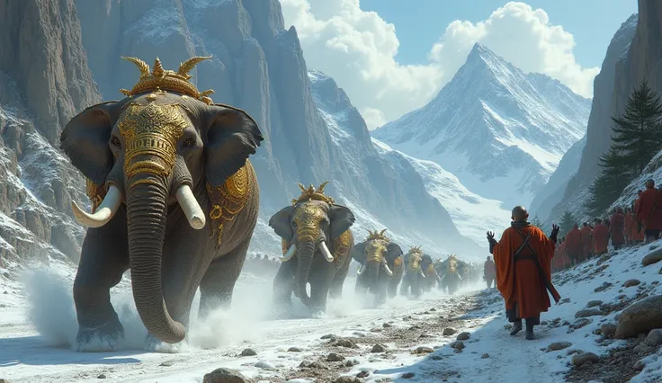 War elephants in golden armor charge the enemy.
Mountain monks trigger avalanches.