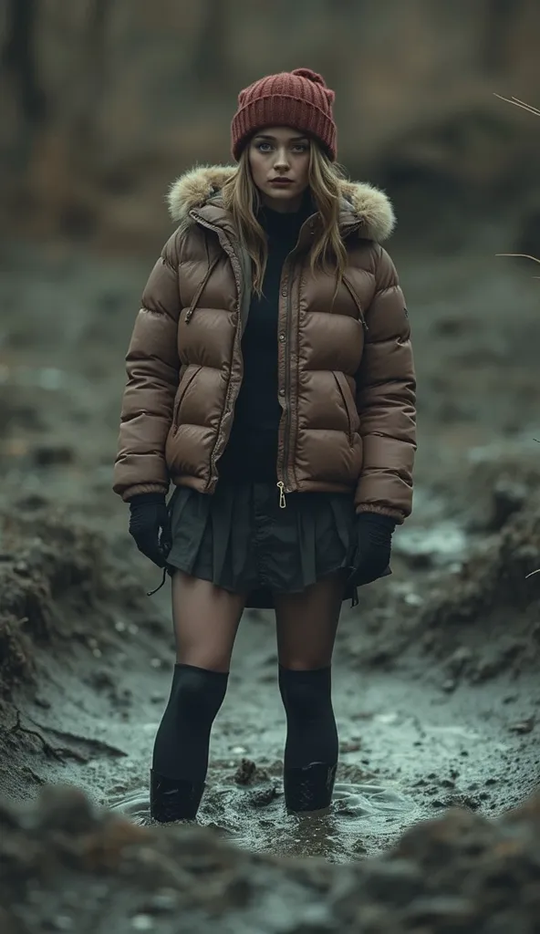 grainy, extremely detailed pale woman head in mud pit in washed dark lightweight down jacket,short skirt, detailed stockings with garters, standing, victim of the ritual, murky sludge,   fashion photo shoot,dark orgasm, Posing Sexually, provocative photo s...