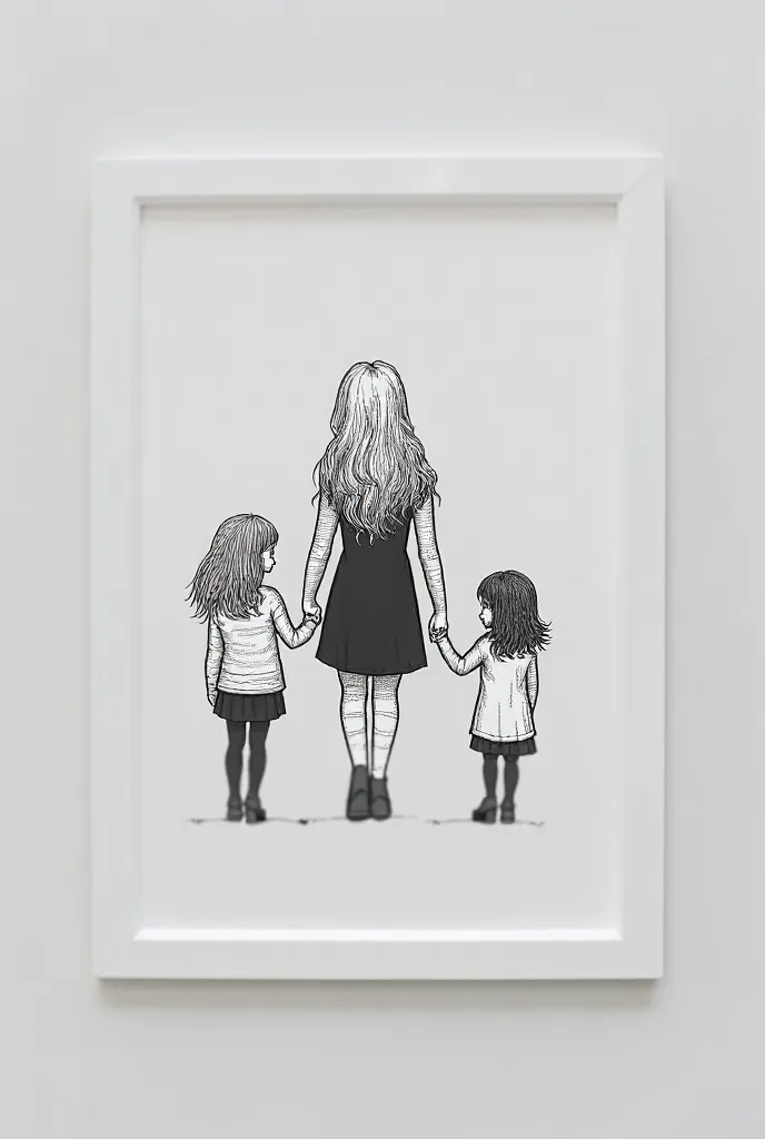 Artistic black and white outline of a mother with long beautiful blonde hair, holding het 2 haugters while taking a walk. View from the back.