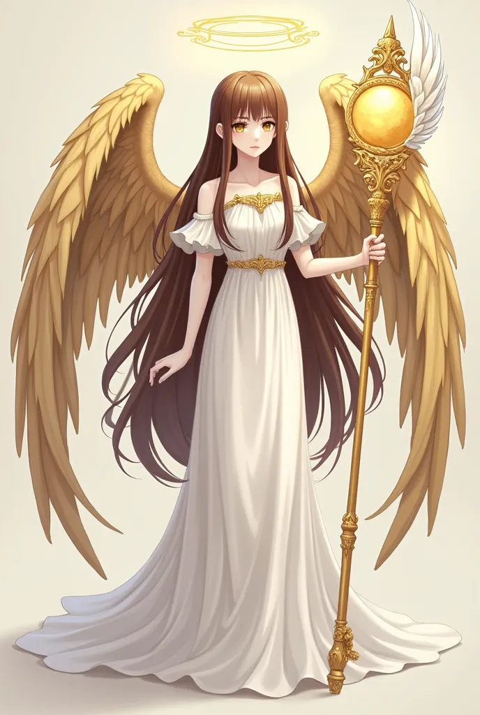 Make me a female character with super long brown hair with bangs, your eyes are yellow, Your skin is pale white, She is 1'70, She is an angel her wings are big and golden, She has an angelic staff where the middle ball is yellow and has the white wings of ...