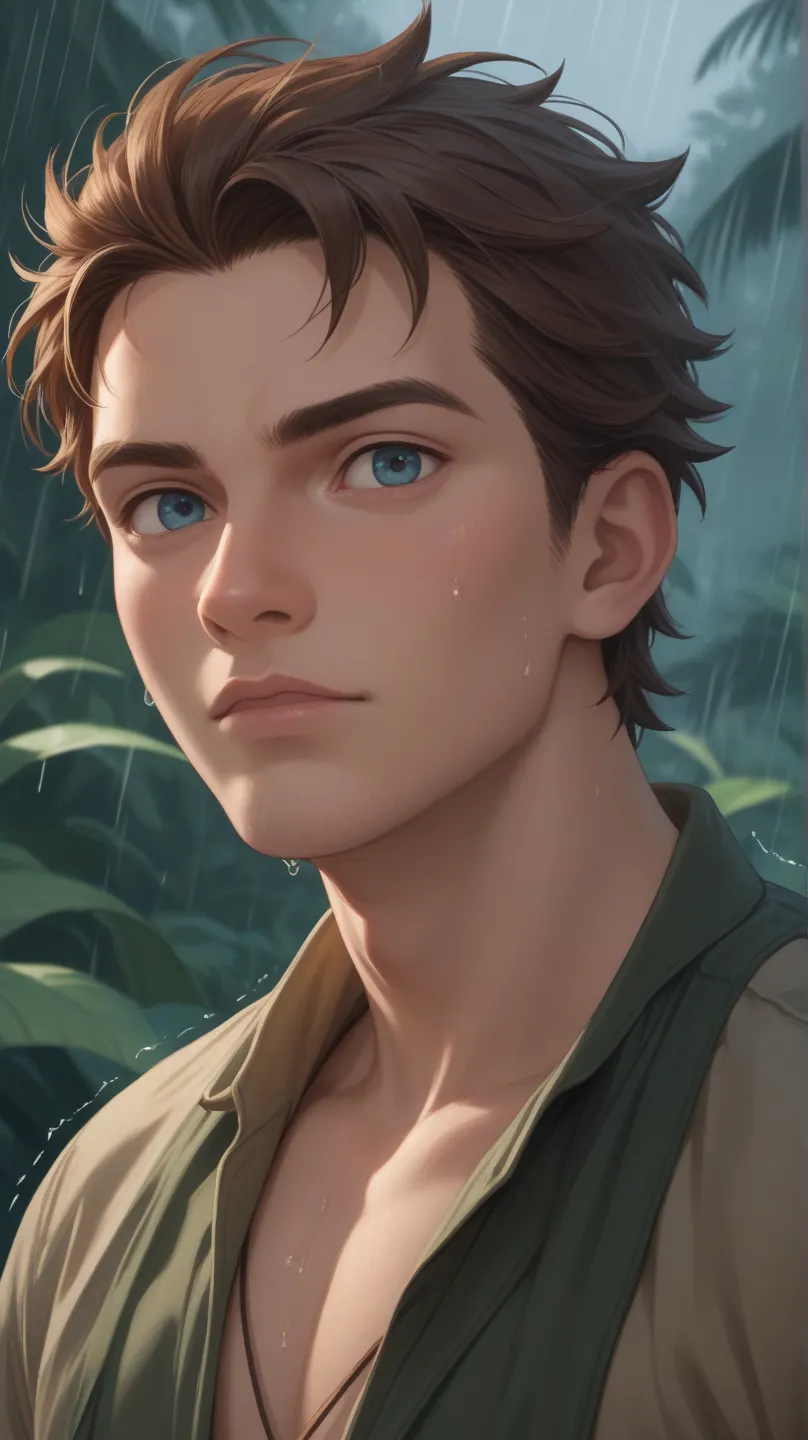 A realistic, cinematic scene of the young man standing in front of the massive tree, drenched in rain, his hands trembling as he reaches out to touch it. The storm is at its peak, wind howling through the jungle. The moment his hand makes contact with the ...