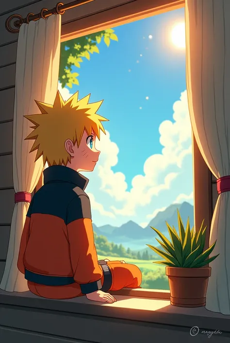 Little Naruto looking at the window only to see a hot sunny day outside.