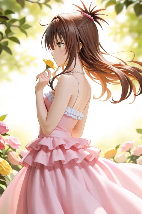 NSFW,masterpiece,Best Quality,Hi-Res,very detailed,Yuuki Mikan\(ToLOVEru),brown hair、long hair、yellow eyes、hair ornaments close to the garden、Hair ties