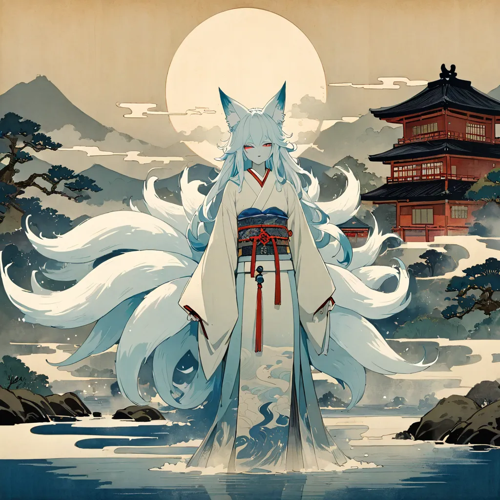 Yokai, ayakashi, Nine-tailed fox, ukiyo-e, Japanese style