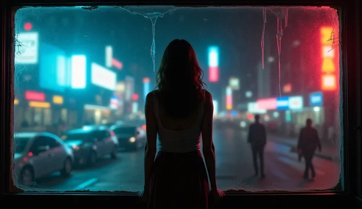 The Miss stands in front of a dirty window,  where his reflection appears distorted . The neon light shines on the broken glass,  creating a surreal effect .  Your eyes are empty , as if she were seeing someone else there. The surrounding city is still mov...