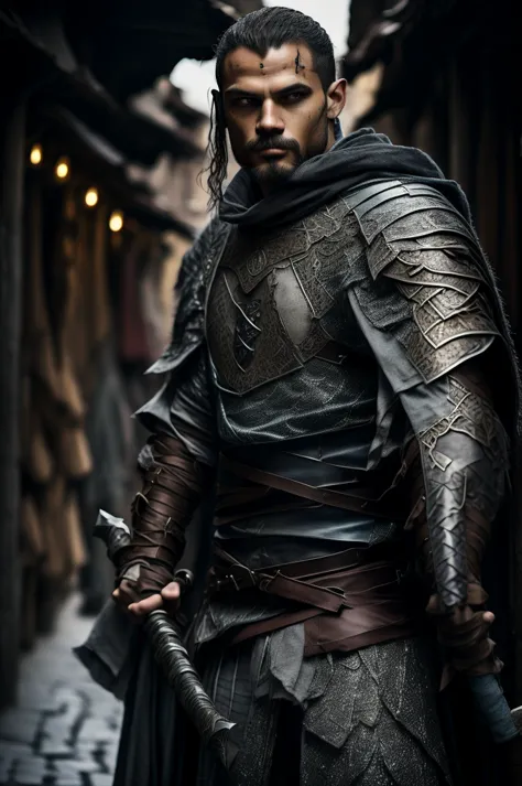 A fantasy and role-playing character, medium-sized, gray and blue Assassin's clothing, a katana on his back and a dagger in his hand. In a medieval village setting where he is passing through an alley.