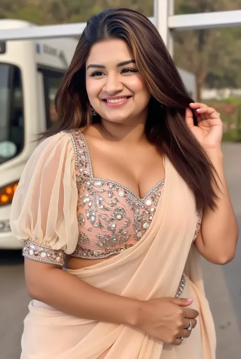 A young woman, likely in her twenties, is shown from the mid-thigh up.  She is of South Asian ethnicity, with long, dark hair.  She is wearing a light peach-colored saree with intricate, detailed silver and pearl embellishments on the shoulder-length sleev...