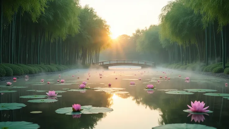 The Tranquil Water Gardens of Nara
Imagine an expansive, serene water garden that stretches as far as the eye can see. Delicate, pastel-colored lotus flowers float serenely on perfectly still water, their petals glowing softly under the light of a setting ...