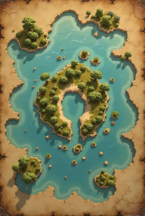 create a map, as if drawn on a sheet of paper, with an island in the center, with several smaller islands nearby, then create 5 more islands of the same size arranged in a circle around the one in the center. It must be a 7th Sea style map, the RPG, and mu...