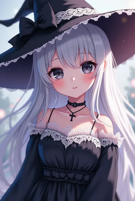 Cute witch has long white hair with side bangs as long as her face. Black dress has white lace fabric adorned from neck to chest, cross necklace, black eyes, short face, cute and beautiful anime