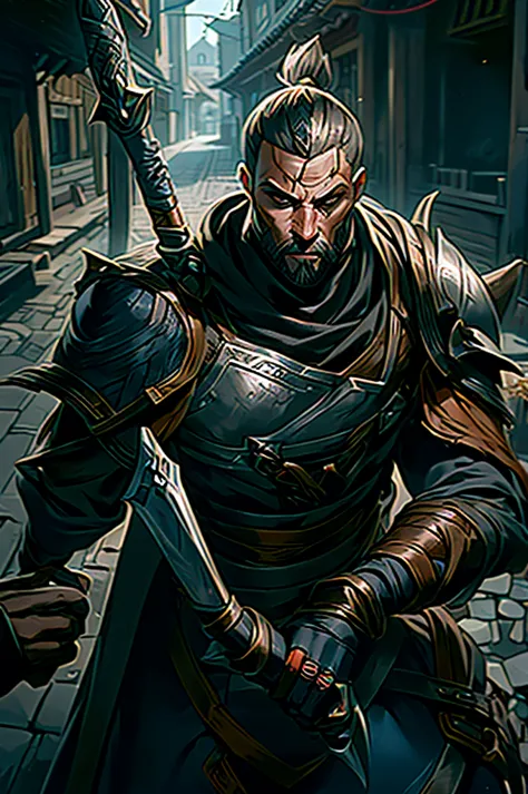 A fantasy and role-playing character, medium-sized, gray and blue Assassin's clothing, a katana on his back and a dagger in his hand. In a medieval village setting where he is passing through an alley.
