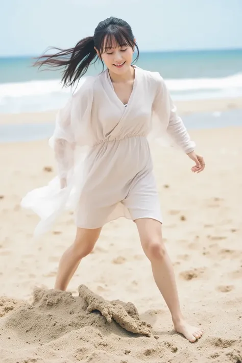 "Japanese woman running barefoot on a sandy beach, wearing a flowing one-piece dress. She is kicking up sand as she runs, with her hair flowing in the wind. The scene is bright and sunny, capturing the motion and freedom of her running, with the ocean and ...