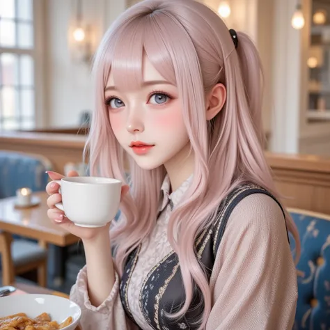 A beautiful girl with pink hair on the left half and white hair on the right half, wearing a high school uniform and false eyelashes. Lip nails, sitting and drinking afternoon tea, mug in hand. The background is the afternoon tea restaurant. Octane renderi...