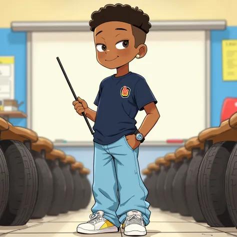  cartoon. a young man with brown skin ,  short dark hair. He is wearing a navy blue t-shirt with an embroidered logo on the chest, light blue jeans and wide, and white sneakers.  He holds a thin, dark object in his hand, that appears to be a rod or stick. ...