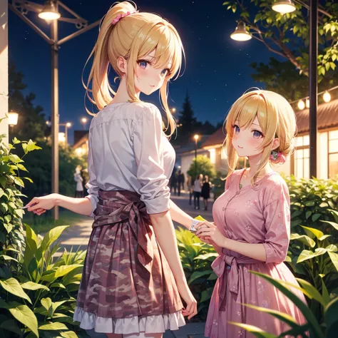 blonde ponytail with camouflage clothing wrapped around the waist, tsundere expression at college at night,Girls Enjoying Dates,Relaxed Posture,pink dress,Graceful Behavior,Casual atmosphere,Flowery Gardens, Soft Light ,Delicate Textures,high quality,4K De...