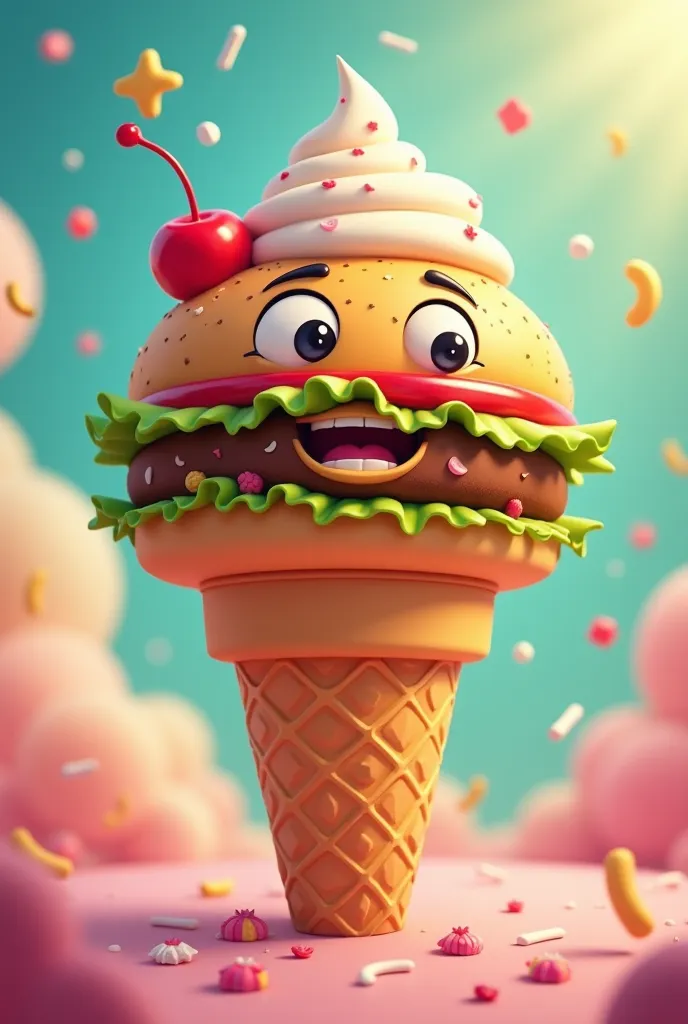 Ice cream cone with animated hamburger head