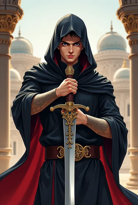 Muslim male anime character with a hood and sword
