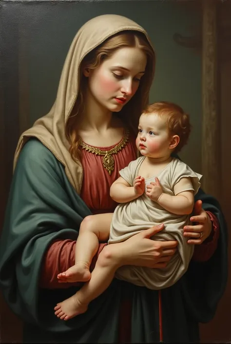  An oil painting of the Virgin Mary holding the baby Jesus at the age of two 