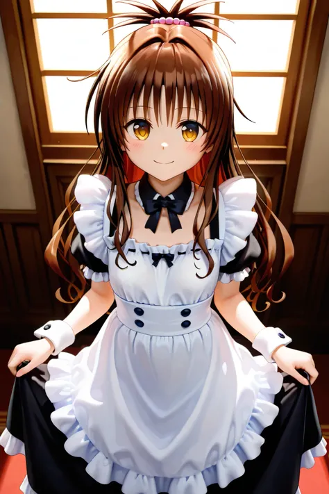 NSFW,masterpiece,Best Quality,Hi-Res,very detailed,Yuuki Mikan\(ToLOVEru),brown hair、long hair、yellow eyes、hair ornaments close to the garden、Hair ties,maid clothes, classic maid, luxury mansion