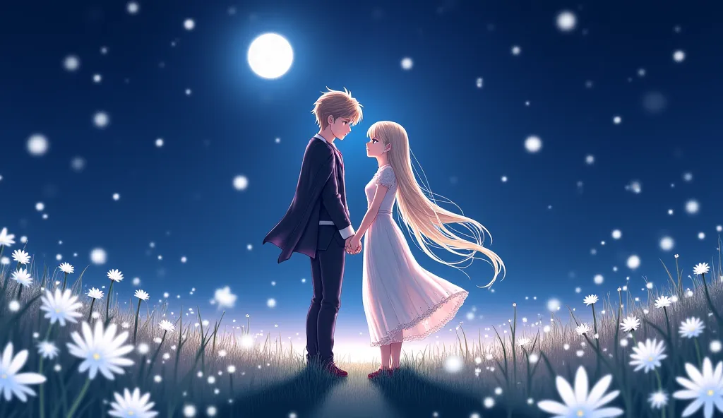 A serene night scene under the full moon, where two characters stand close together in a meadow, surrounded by soft glowing flowers. The moonlight illuminates their figures, casting gentle shadows on the ground. The female character has long flowing hair, ...