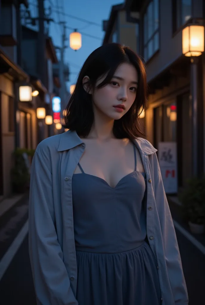  A beautiful  Korean  girl, slightly chubby, night street in japan 