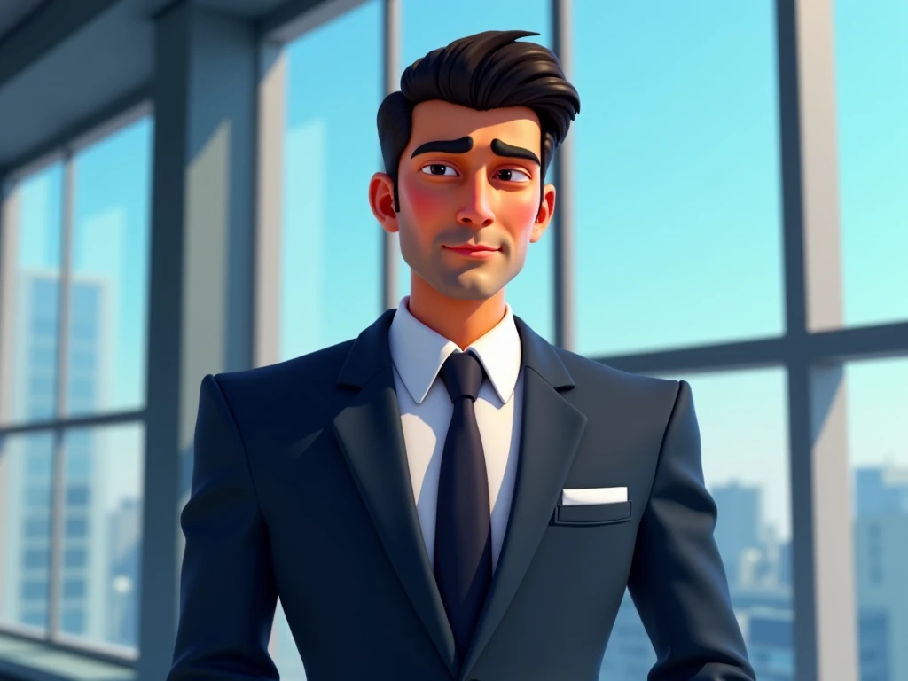 Image Prompt:

"Ravi Mehra, an impressive and attractive businessman, stands in front of the big window of the shiny office in an expensive suit. He has confidence in his eyes, but also a secret hidden behind it., 3D cartoon animation