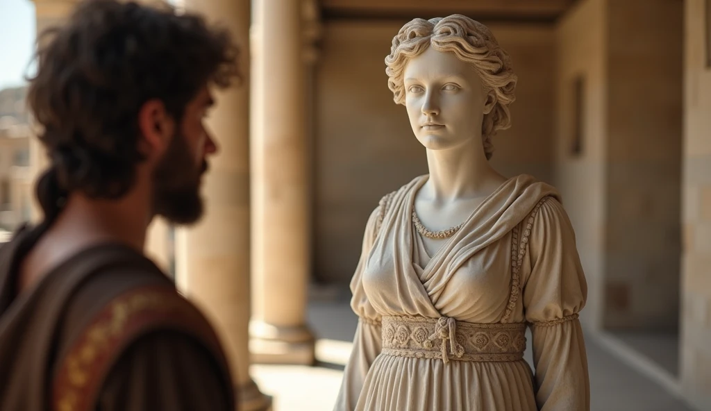 a sculpture of a beautiful woman looking at the camera, the foreground a man is seen in a corner, out of focus, dressed in renaissance clothes, in a village of ancient Greece, pillars are seen in the background, professional lighting, hyper realistic