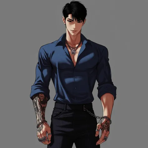 Inner scene "look" , mangoes with tall male character, athletic figure, short hair, black hair, sharp angular facial features , Elegant tall male figure, , blue jeans shirt, buttoned all Pellet jeans with a straight chain, a trouser pocket, a tight-fitting...