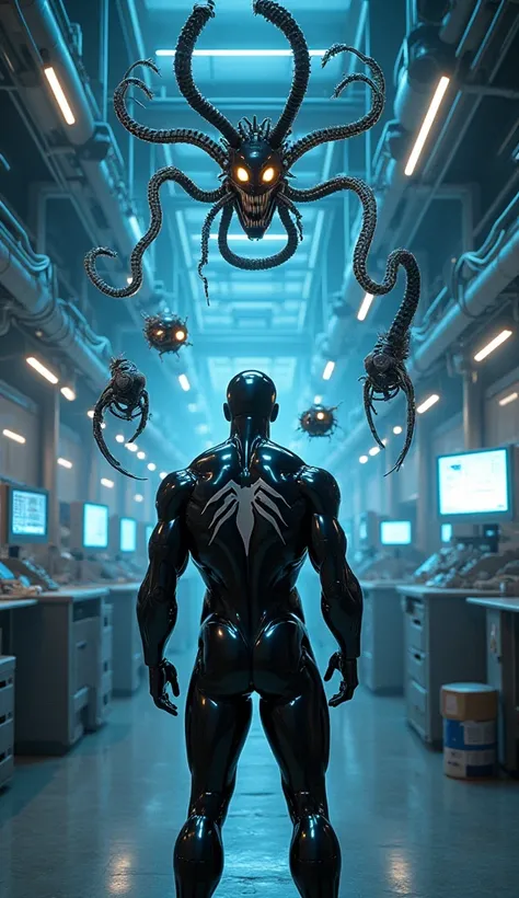 Inside a high-tech robotics lab, owned by a powerful corporation, Venom stands in the foreground, facing advanced robotic parts displayed in front of him. The robotic components hover in mid-air, glowing with an eerie energy, as if they are analyzing him f...