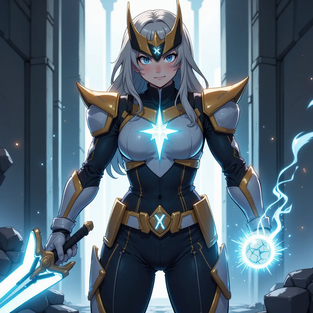 A female superhero in a sleek, futuristic rider suit with a radiant, glowing design. The suit is primarily white, gold, and black, with accents of glowing blue light. She wears a special transformation belt called the Lumina Driver, emitting bright light e...