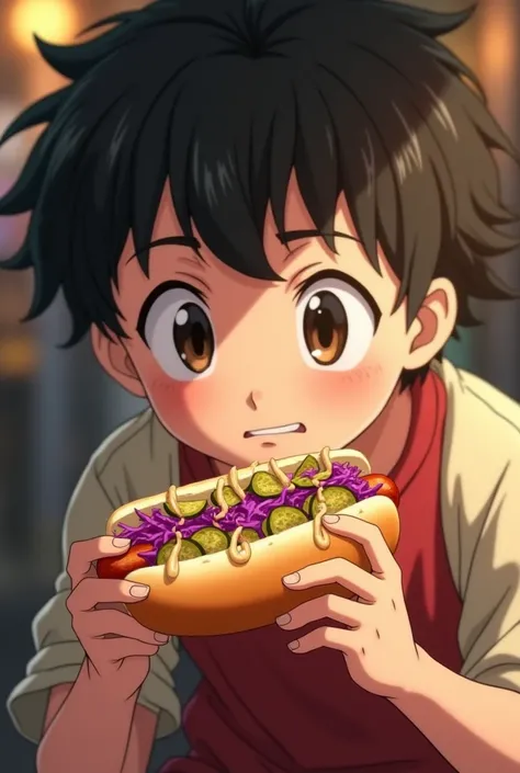 a anime scene of a slightly plump age boy, eating a hot dog that is adorned with shredded red cabbage, pickle slices, and drizzled with a mayonnaise, looking slightly plump age boy, detailed facial features, looking curious, eating a hot dog, adorned with ...