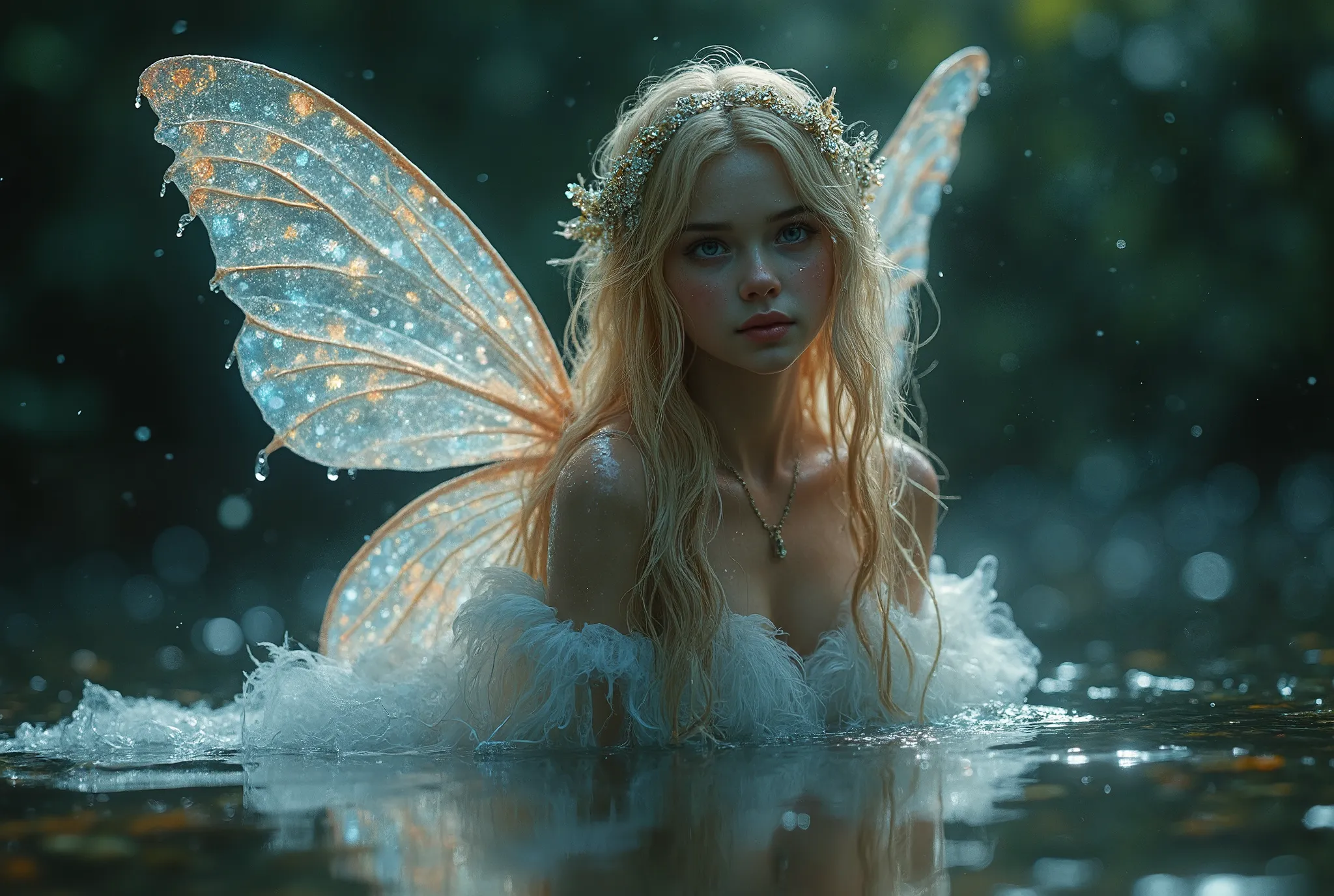 realistic and very detailed fairy VERY BEAUTIFUL BLONDE GIRL, But realistic face emerging from a magical lake at night in the middle of the forest,  with shiny drops of water falling from her wings wears a fluffy dress that shines with fanciful dots of col...