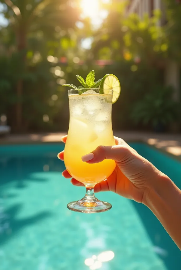 Hand of a white person holding caipirinha cup and pool in the background