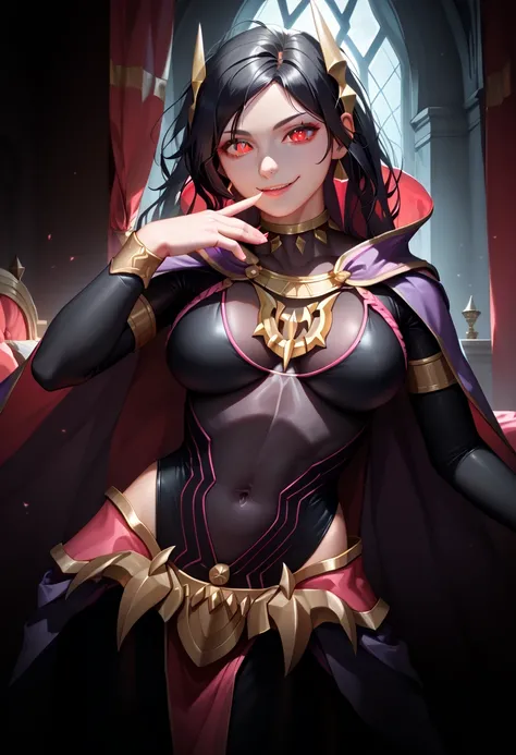 1girls:1.2, RobinRearm, very long black messy hair, red eyes, official alternate costume, long black hair, red eyes, hair ornament, black bodysuit, large breasts, bridal gautlets, cape, covered navel, evil smug, vicious, sexy, post-apocalypse, late night, ...