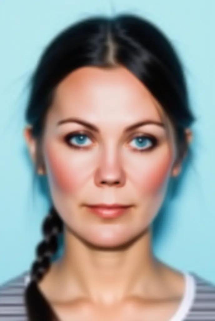 A photo of a girl for a passport. The girl has a serious face, looking at the camera. Her hair is tied in a braid, does not stick out and does not fall on her face. The quality of the photo is unprocessed, clear, without blurriness. The light falls evenly,...