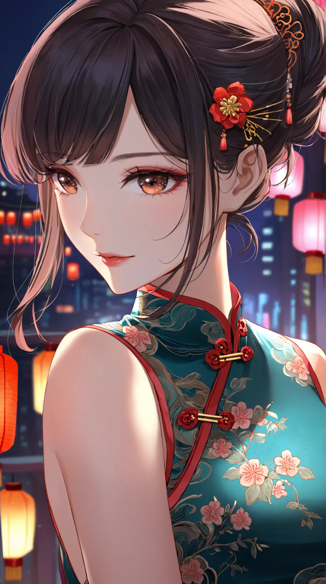 (Extreme close-up, Face-focused portrait)"A close-up portrait of a woman wearing a traditional Chinese qipao (cheongsam) with intricate embroidery. She has an elegant, mysterious expression as she slightly turns her head, revealing the delicate floral patt...