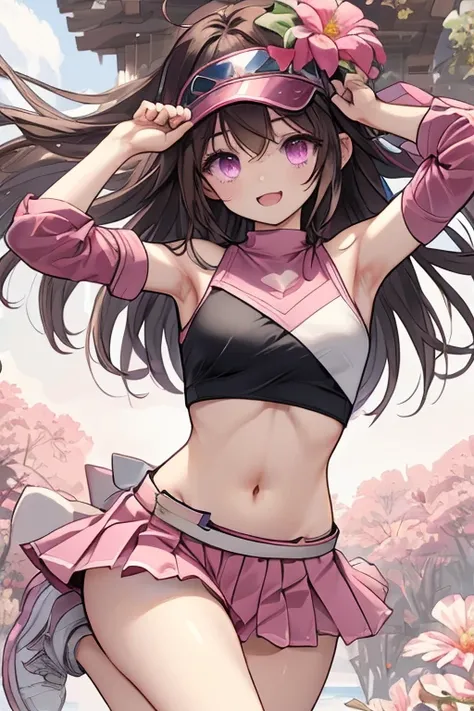  an anime girl,  Pink Eyes, long dark brown hair ,  pink sportswear, good face, cute body, big arms and legs, pleated pink skirt, pink sports skirt, ((Black fitted short top )), Square black sleeveless fitted compression top, ((small white sneakers)), smal...