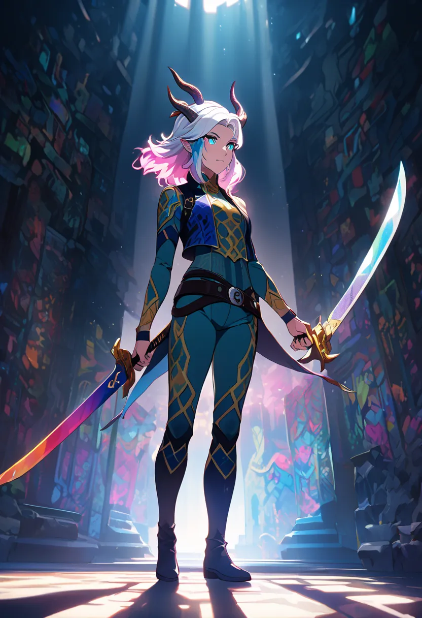 Romantic lighting, (highly detailed:1.2), (detailed face:1.2), (gradients), colorful, detailed eyes, (natural lighting:1.2), solo, dragon  prince,  ,holding  two swords,  horns, rayla, full body image,  boots. Light suits,  belt,   