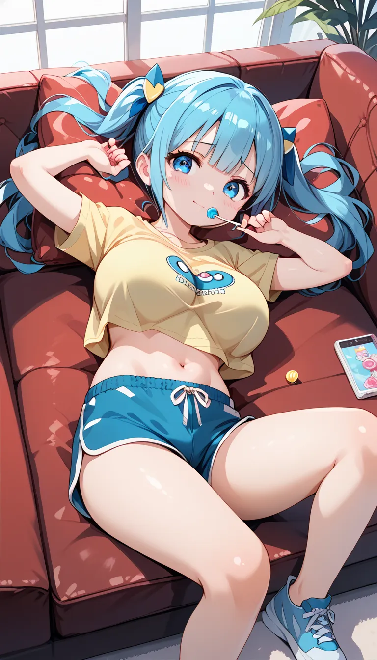 ((Busty Bitches)), score_9, score_8_up, score_7_up, large breasts, (cutesy:1.5), rape bait, cute yellow shirt, cute dolphin shorts, lying on couch, neon blue twintails, cute bra, lollipop, 1guy, (Sexy Photoshoot), (Masterpiece, Best Quality)