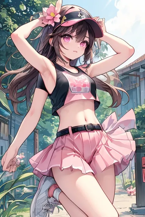  an anime girl,  Pink Eyes, long dark brown hair ,  pink sportswear, good face, cute body, big arms and legs, pleated pink skirt, pink sports skirt, ((Black fitted short top )), Square black sleeveless fitted compression top, ((small white sneakers)), smal...