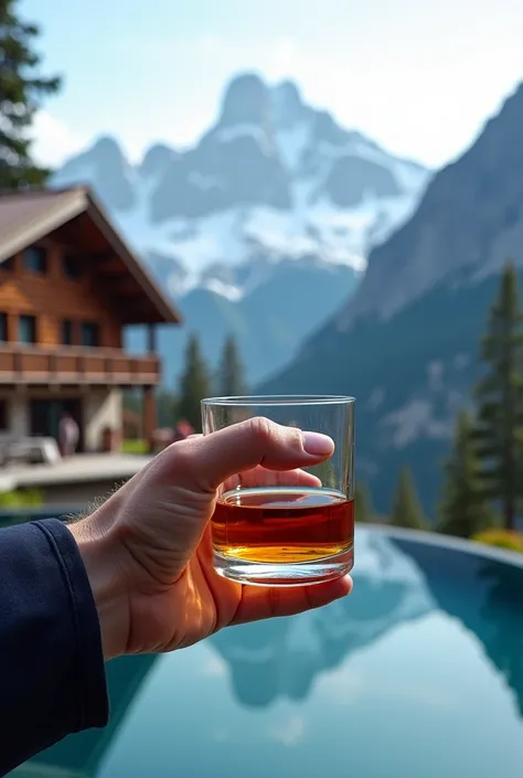 Man's hand with a glass of whiskey and chalet in the mountains with pool in front