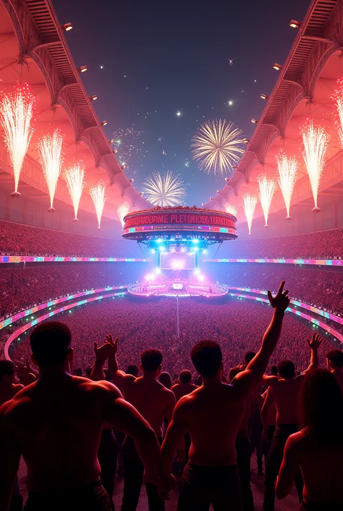 "Aerial view of the Santos Sambadrome at night, illuminated by fireworks and neon lights. A huge electric trio in the center, surrounded by disguised crowds,  dancing to the music ."