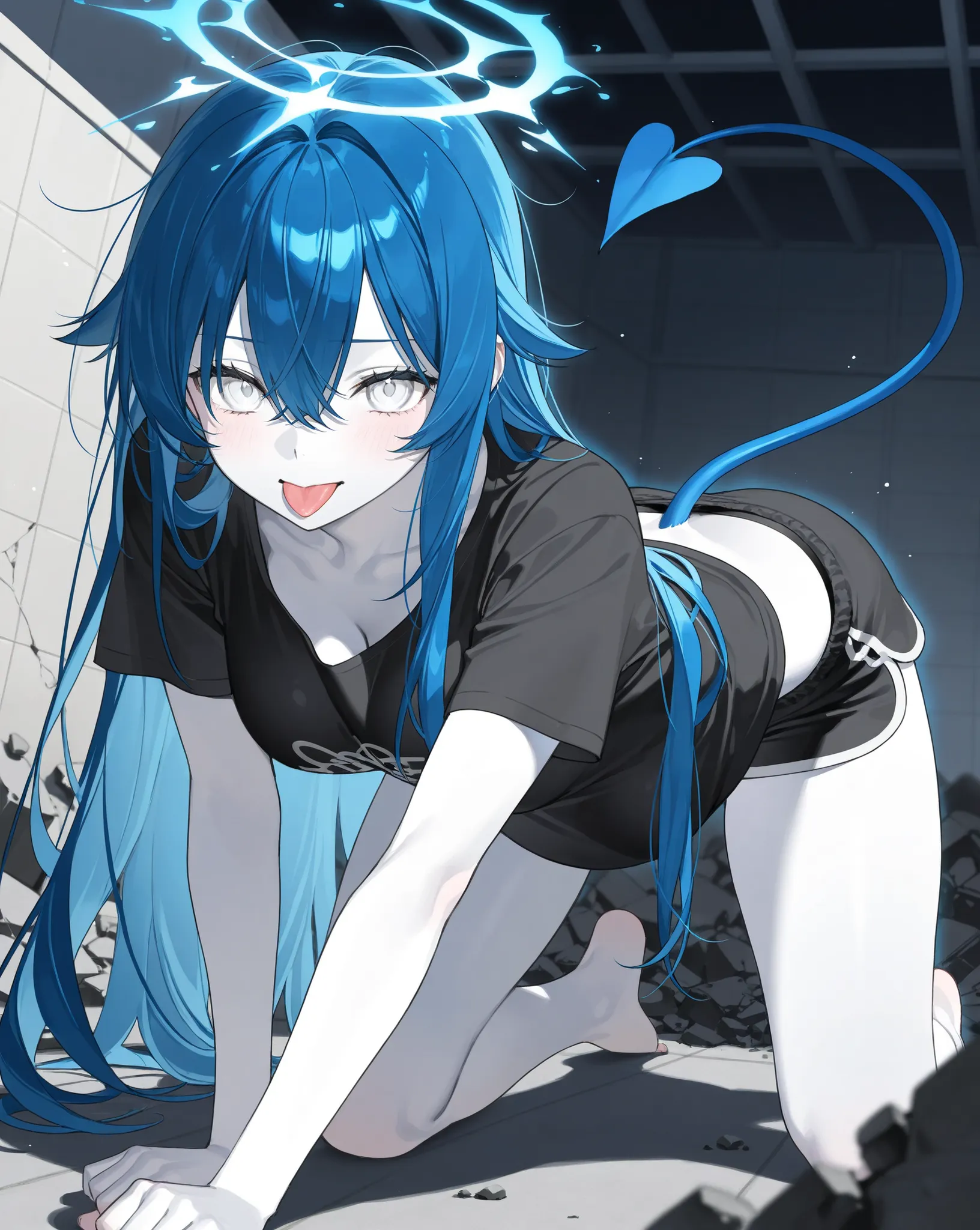 best image quality、Hi-Res、 diamond blue hair 、white eyes、、rooftop、  BLACK HIM T-SHIRT 、beautiful breasts、  best thighs、Blue aura、 long hair、best image quality、floating rubble、black shorts、 white skin、 the royal family、、Straight face、Waking up、Bedhead、 blac...