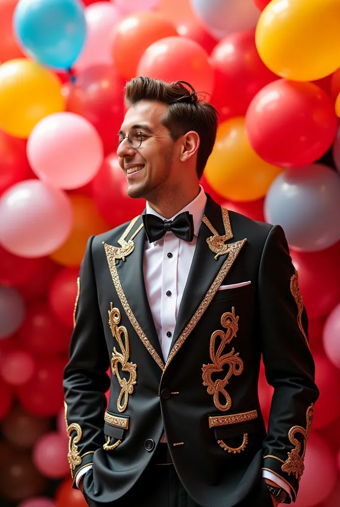 He designed a picture of him while he was at the balloon party and wearing a unique luxurious suit suitable for the party, wearing a bow and looking and smiling and the picture is wide 