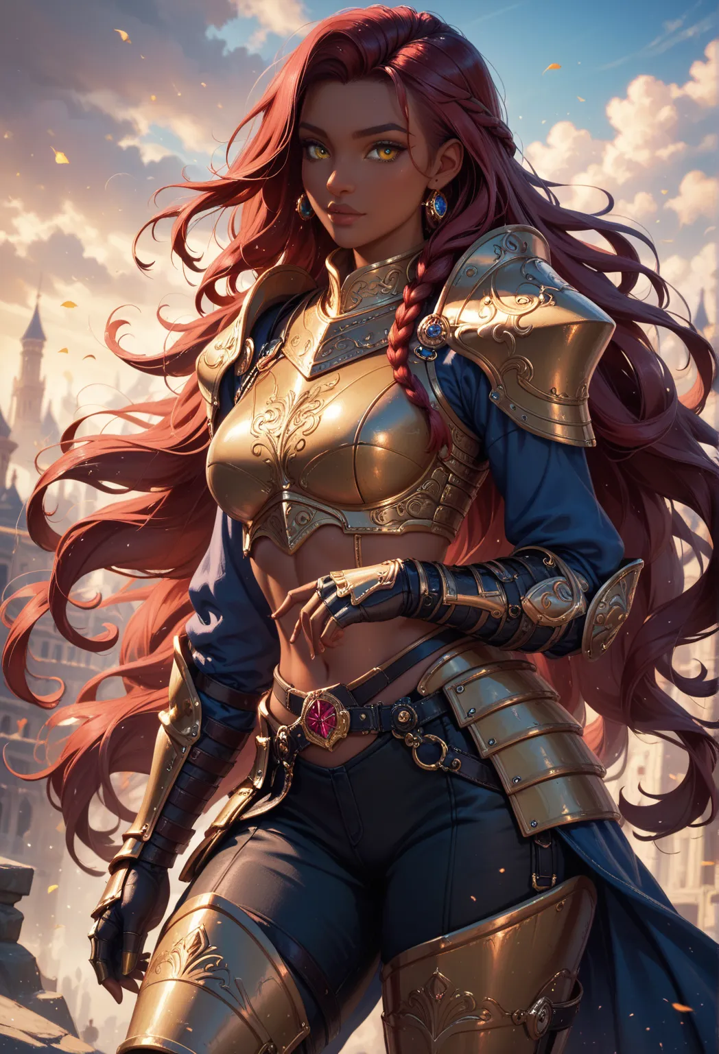 masterpiece, detailed eyes, 1 , to hide, big boobs,  dark red hair, very long hair, dark-skinned woman, bright yellow eyes, ingrid, gbfBK,  armor, shoulder  armor, gauntlets,  black pants,  armored boots,  armor de cavaleiro negro