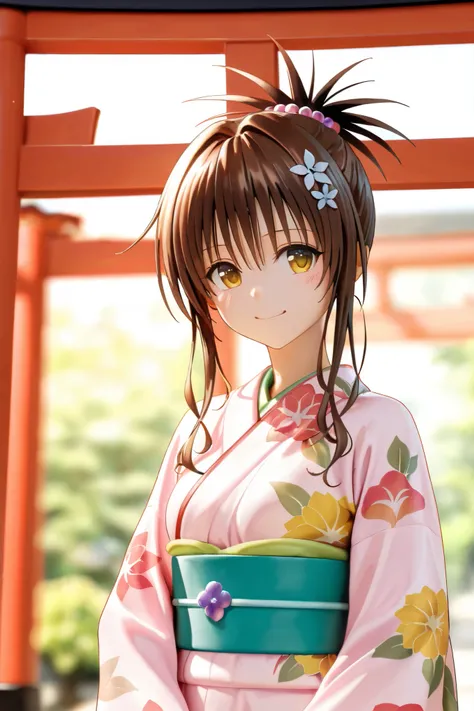 NSFW,masterpiece,Best Quality,Hi-Res,very detailed,Yuuki Mikan\(ToLOVEru),brown hair、long hair、yellow eyes、hair ornaments close to the garden、Hair ties, kimono,yukata,shrine,torii