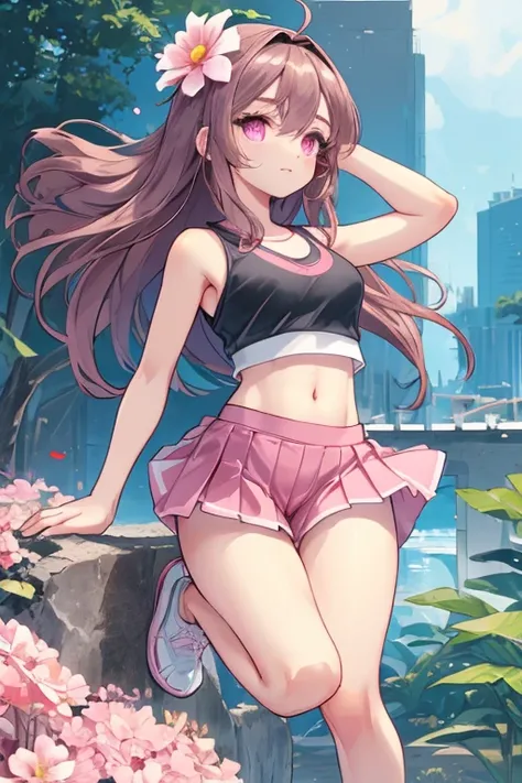  an anime girl,  Pink Eyes, long dark brown hair ,  pink sportswear, good face, cute body, big arms and legs, pleated pink skirt, pink sports skirt, ((Black fitted short top )), Square black sleeveless fitted compression top, ((small white sneakers)), smal...