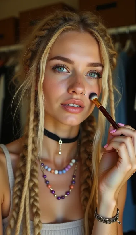 "A young woman with blond hair in dreadlocks style ,  using a necklace with colored beads and a septum piercing.  She is applying makeup to her face with a brush .  The background is blurred ,  with warm tones and details from a closet or shelf ."